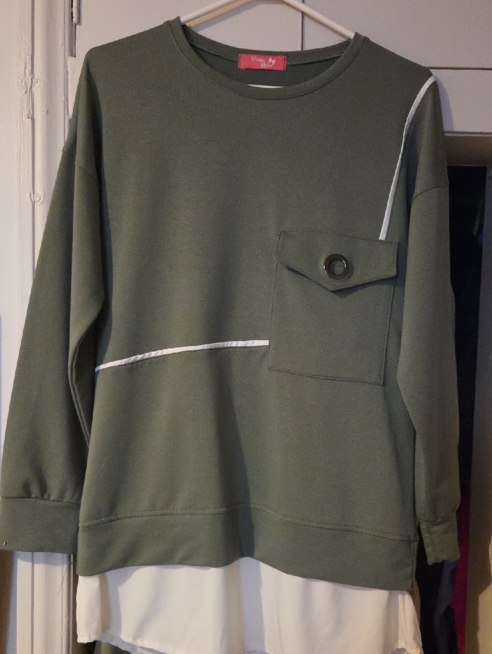 Women's Olive Green Crewneck Sweater with Pocket Detail by Pink Lily